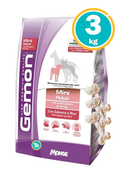 Imagen de GEMON MINI ADULT WITH SALMON Y RICE 3KG + Huesitos de lonja