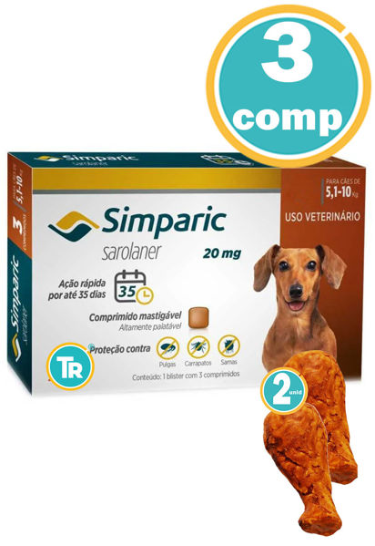 Imagen de ANTIPARASITARIO SIMPARICA Perro 20 mg 5 a 10 kg 3 comprimido + Pata de pollo