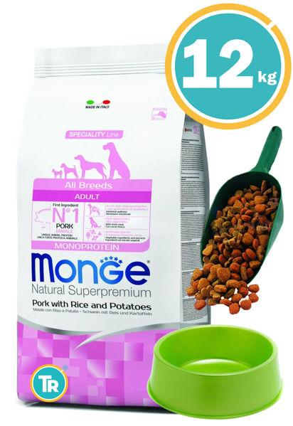 Imagen de MONGE Perro Adulto Cerdo y Arroz 12 kg + Comedero + Pala