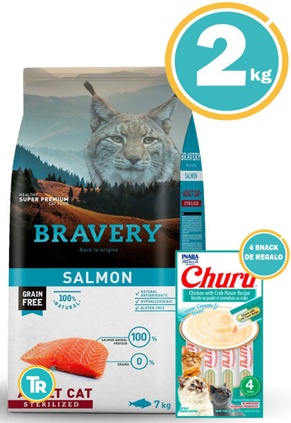 Imagen de BRAVERY GATO ADULTO CASTRADO SALMON 2 KG + Snack Churu (atún)