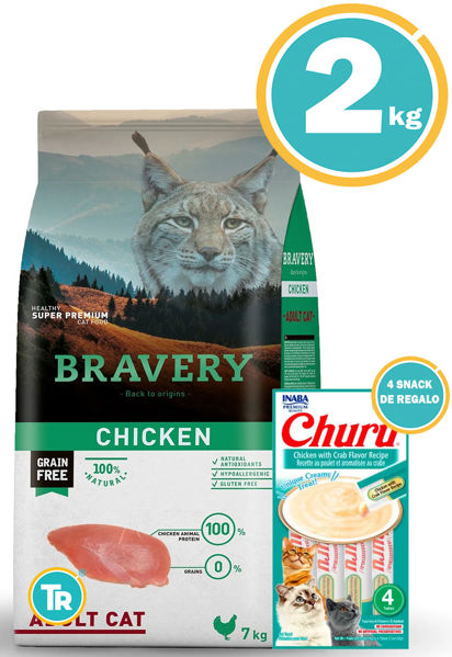 Imagen de BRAVERY GATO ADULTO POLLO 2 KG + Snack Churu (atún)