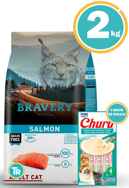 Imagen de BRAVERY GATO ADULTO SALMON 2 KG + Snack Churu