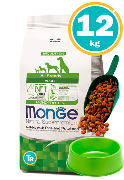 Imagen de MONGE MONOP DOG ADULT ALL BREEDS CONEJO 12KG + PALA + COMEDERO