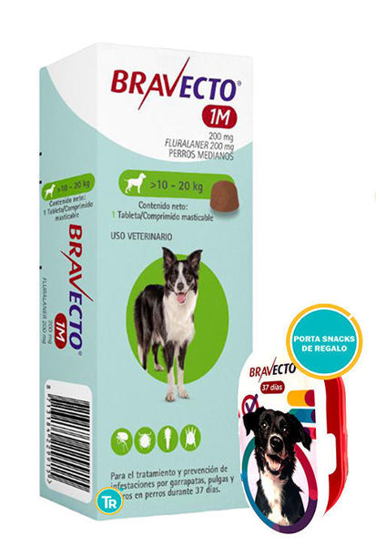Imagen de COMPRIMIDO PERRO BRAVECTO ANTIPULGAS 10 A 20 KG + PORTA SNACK