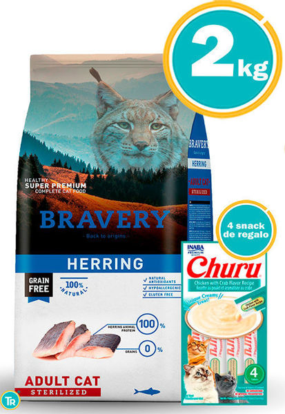 Imagen de BRAVERY CAT ADULT STERILIZED HERRING 2KG + Snack Churu (atún)