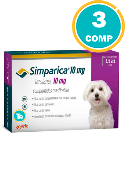 Imagen de ANTIPARASITARIO SIMPARICA Perro 10 mg 2,5 a 5 kg 3 comprimidos