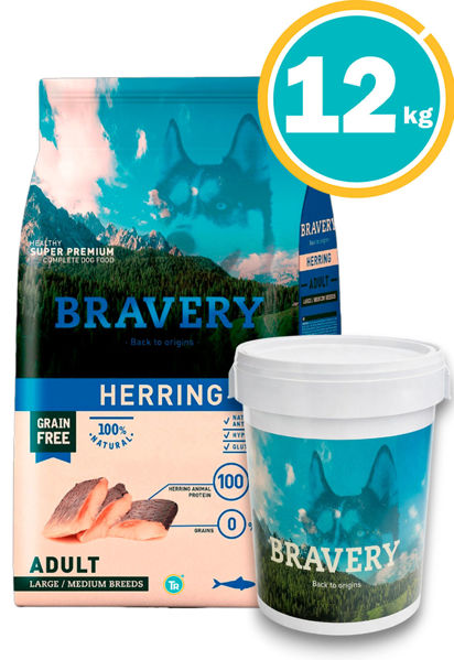 Imagen de Bravery Perro Adulto Med/Gra ARENQUE 12kg + contenedor