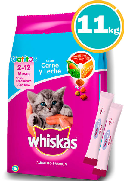 Imagen de Alimento WHISKAS Gatitos Carne y Leche 10 kg + 1kg + Creamy x2
