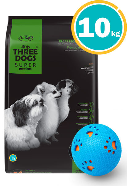 Imagen de THREE DOGS Super Premium Perro Adulto Razas Pequeñas y Mini 10kg + pelota